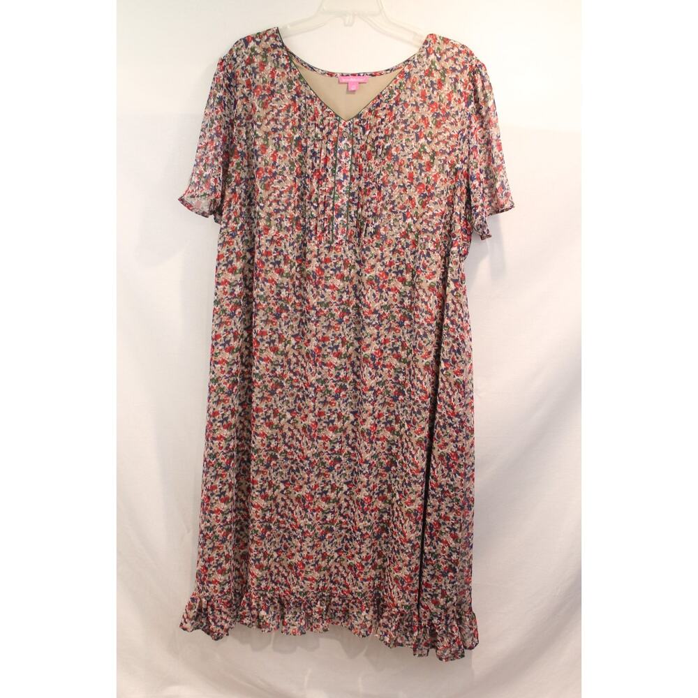 Woman Within Maxi Dress Womens 24W Beige Floral Lined Pintuck V-Neck Pullover